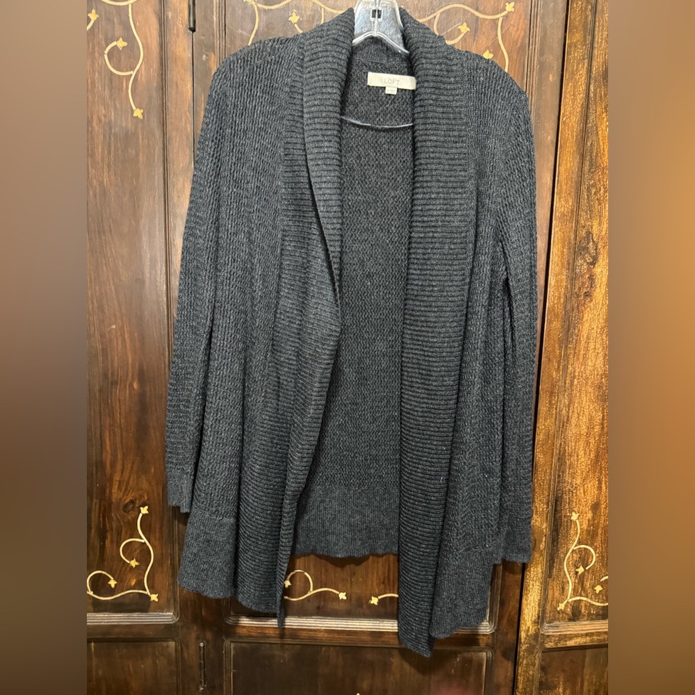LOFT Gray Cardigan Sweater with Draped Front